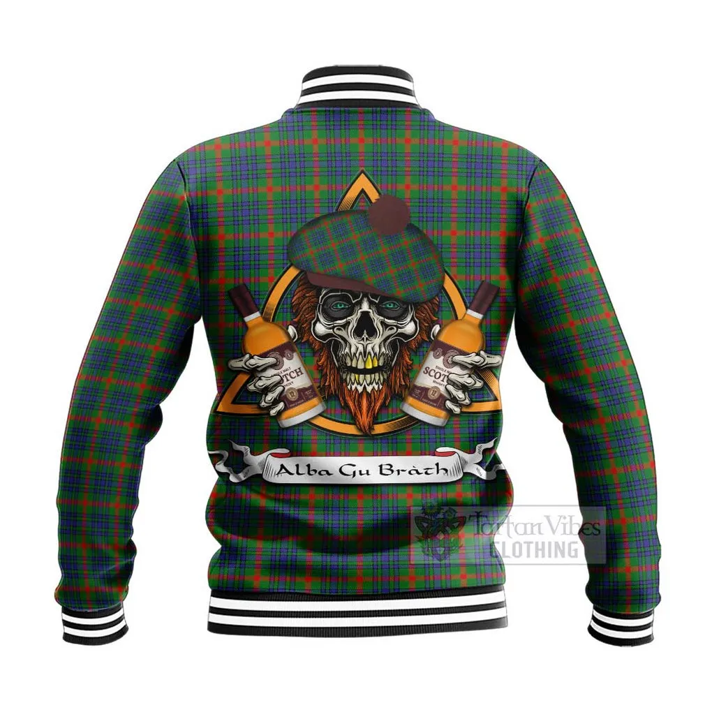Aiton Tartan Baseball Jacket with Family Crest and Bearded Skull Holding Bottles of Whiskey