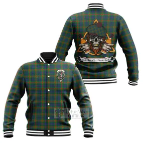 Aiton Tartan Baseball Jacket with Family Crest and Bearded Skull Holding Bottles of Whiskey