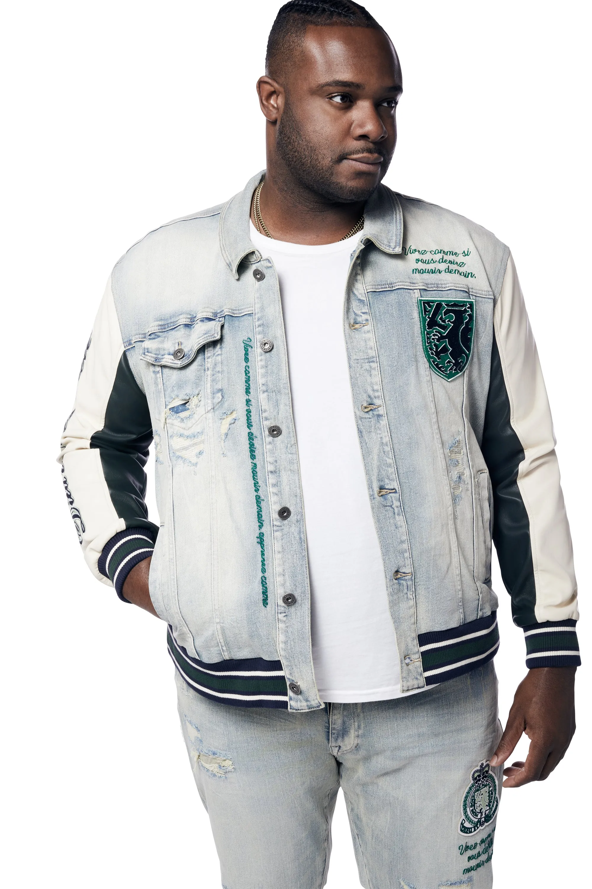 Big and Tall - Preppy Crest Embroidered Jean Jacket - Cascade Blue