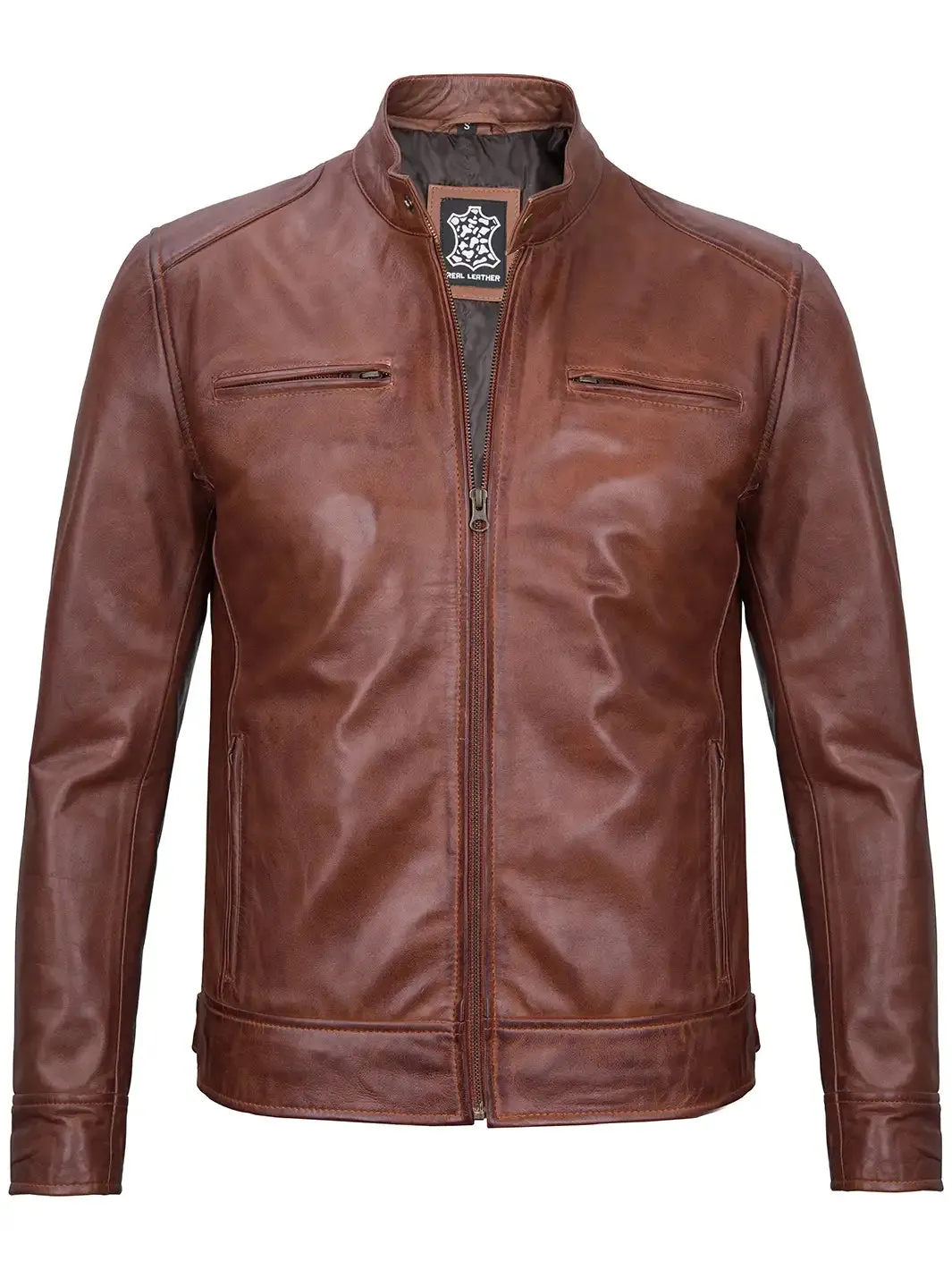 Dodge Mens Cognac Cafe Racer Leather Jacket