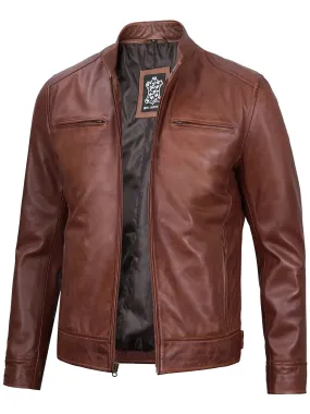 Dodge Mens Cognac Cafe Racer Leather Jacket