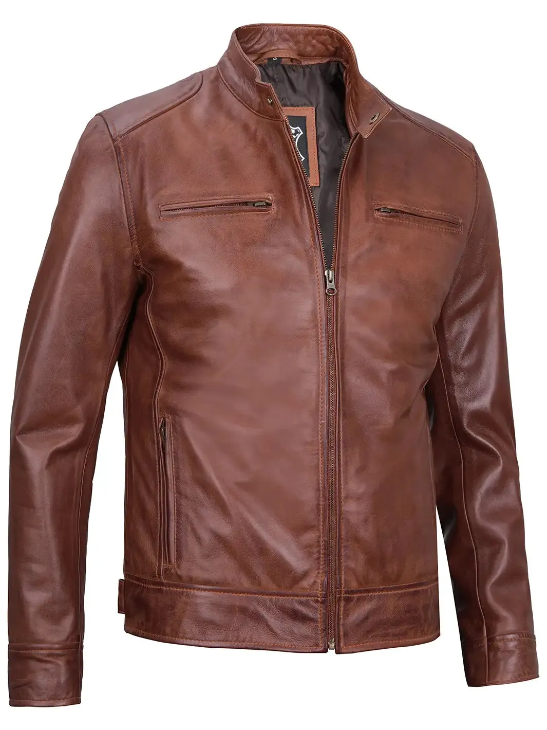 Dodge Mens Cognac Cafe Racer Leather Jacket