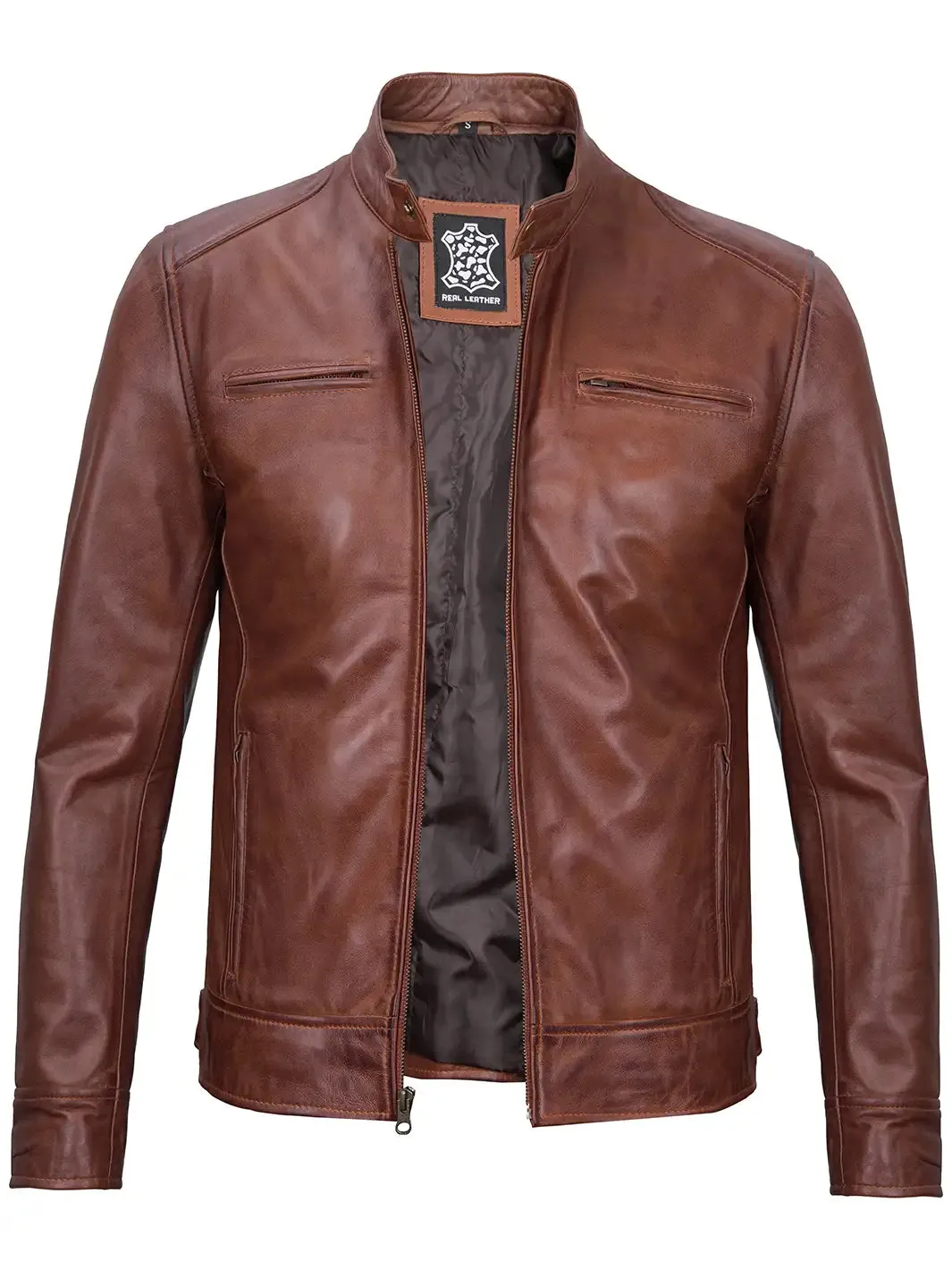 Dodge Mens Cognac Cafe Racer Leather Jacket