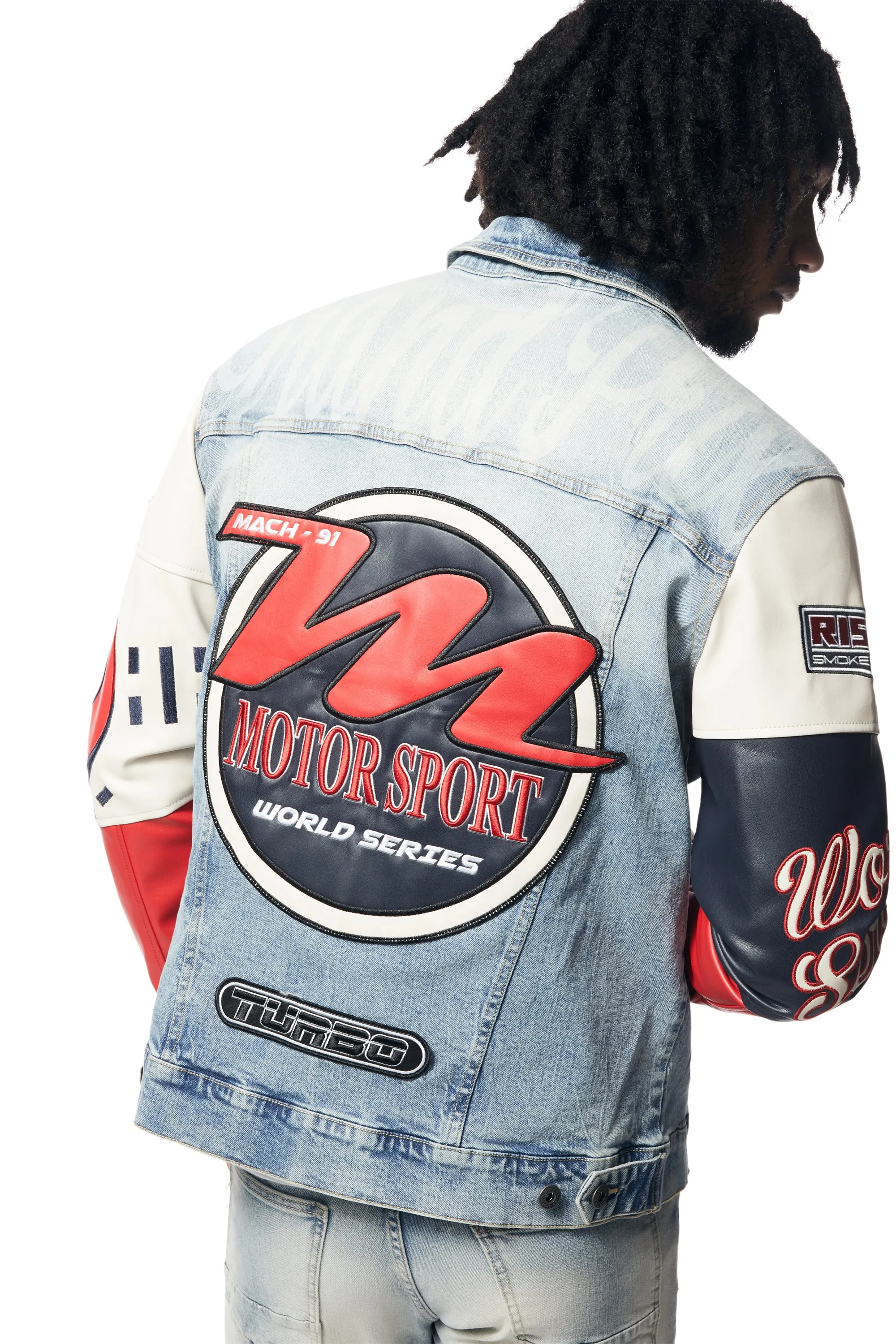Embroidered Patched Racing Jean Jacket - Beacon Blue