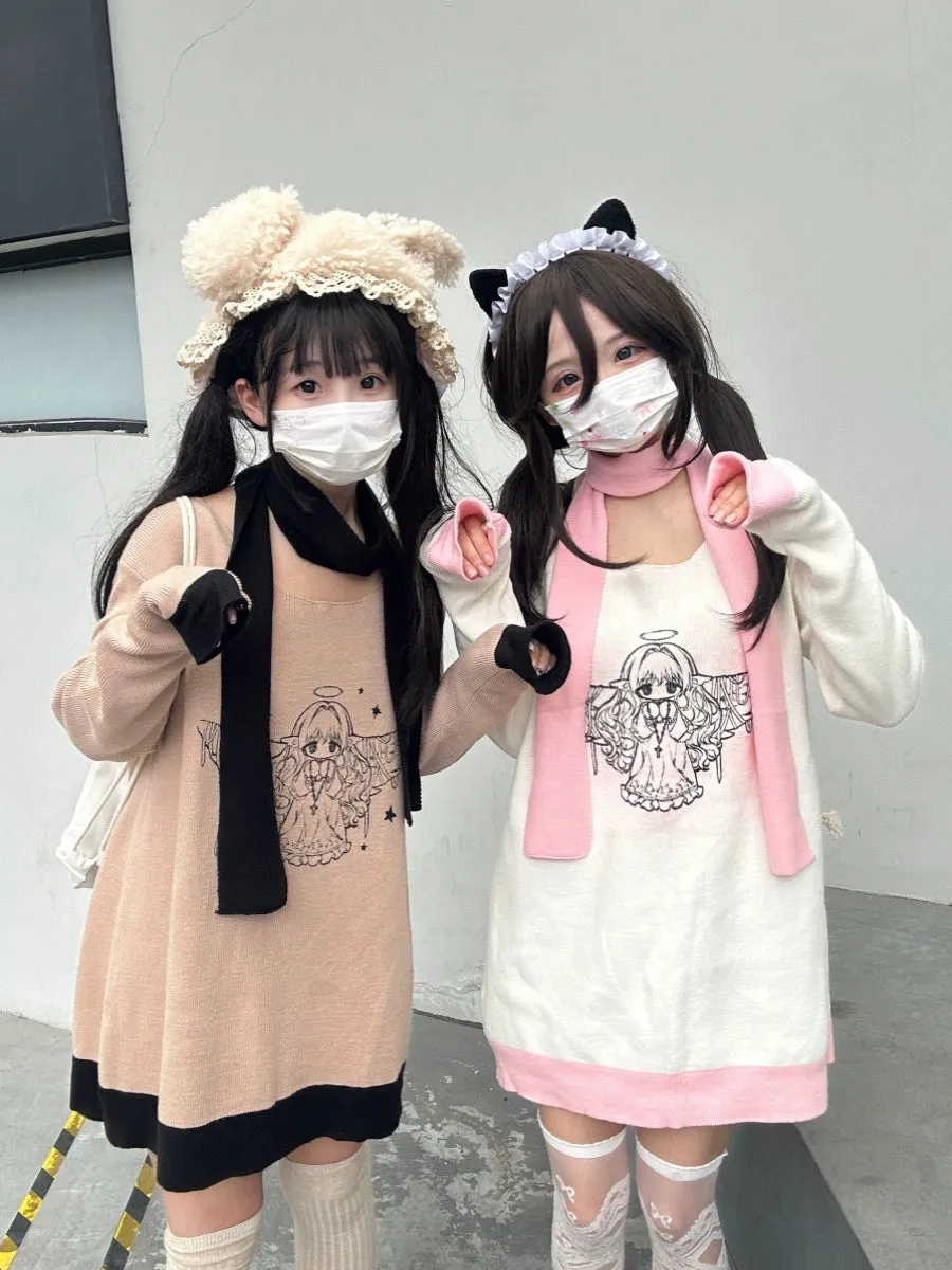 Jirai Kei Bicolor Sweater Angel Printed Sweater Set