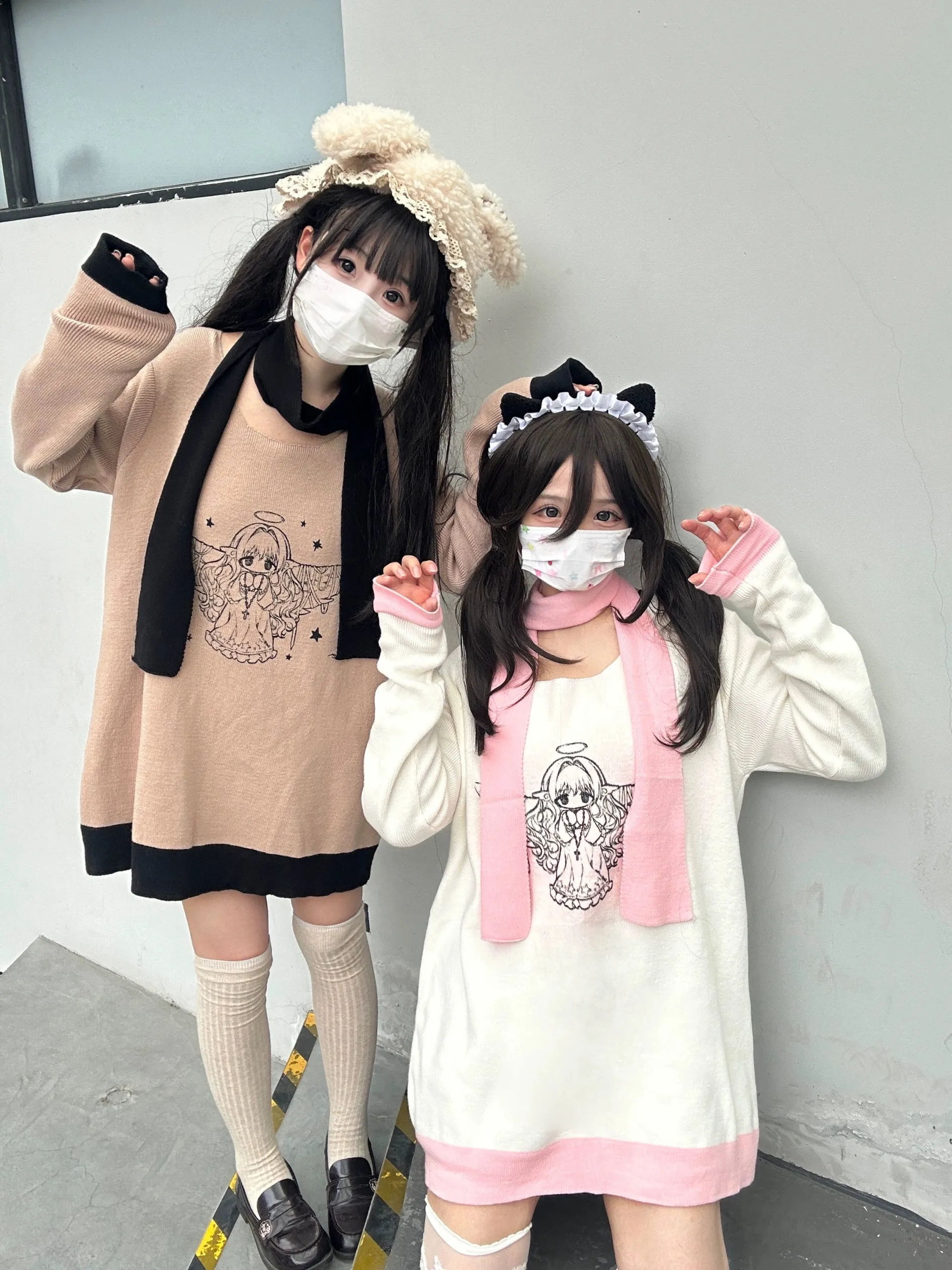 Jirai Kei Bicolor Sweater Angel Printed Sweater Set