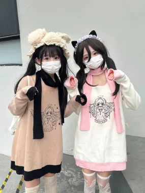 Jirai Kei Bicolor Sweater Angel Printed Sweater Set