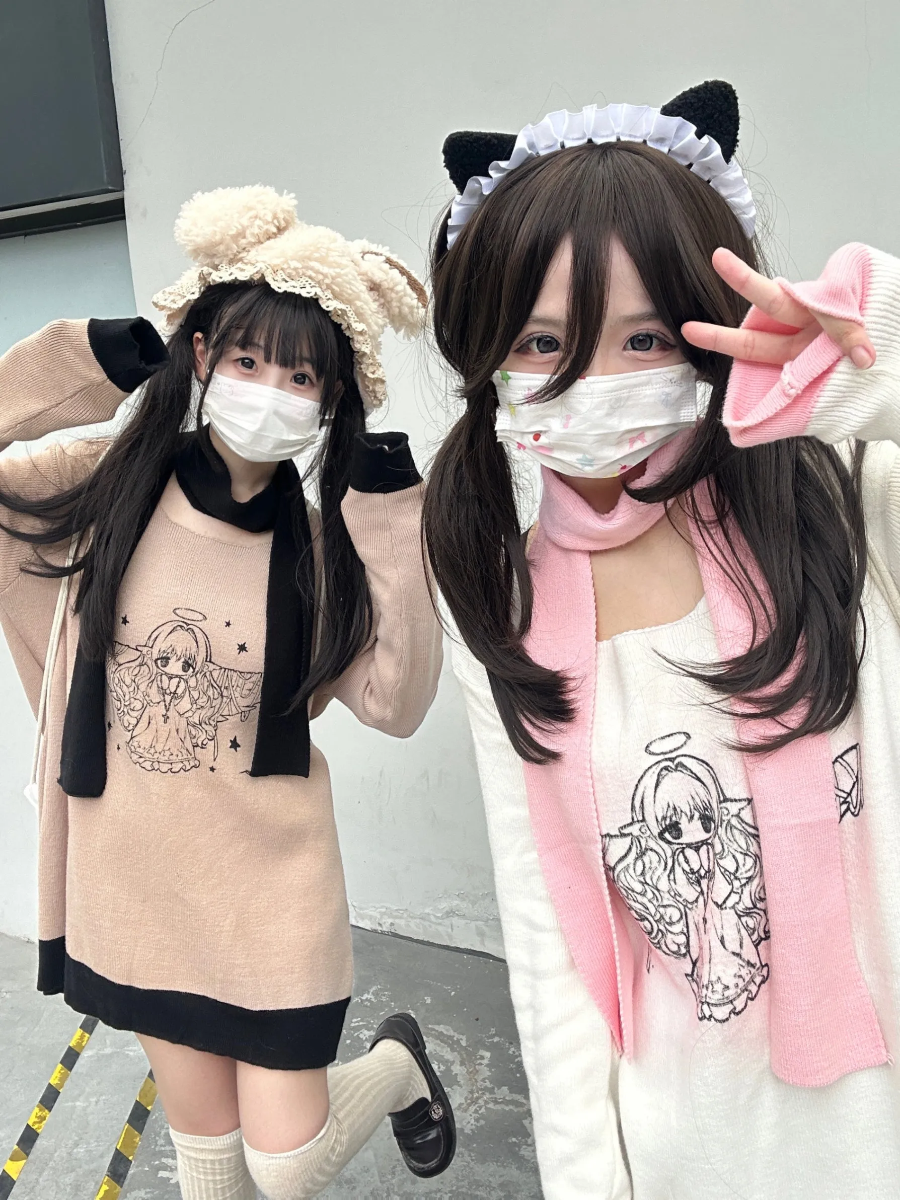 Jirai Kei Bicolor Sweater Angel Printed Sweater Set
