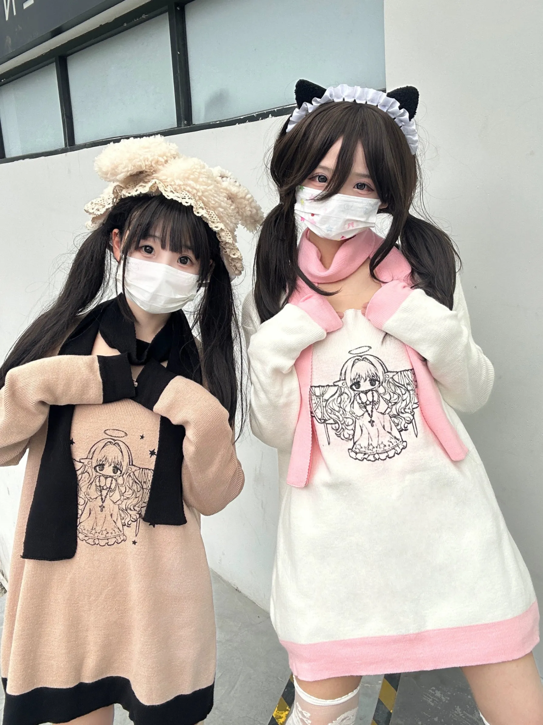 Jirai Kei Bicolor Sweater Angel Printed Sweater Set