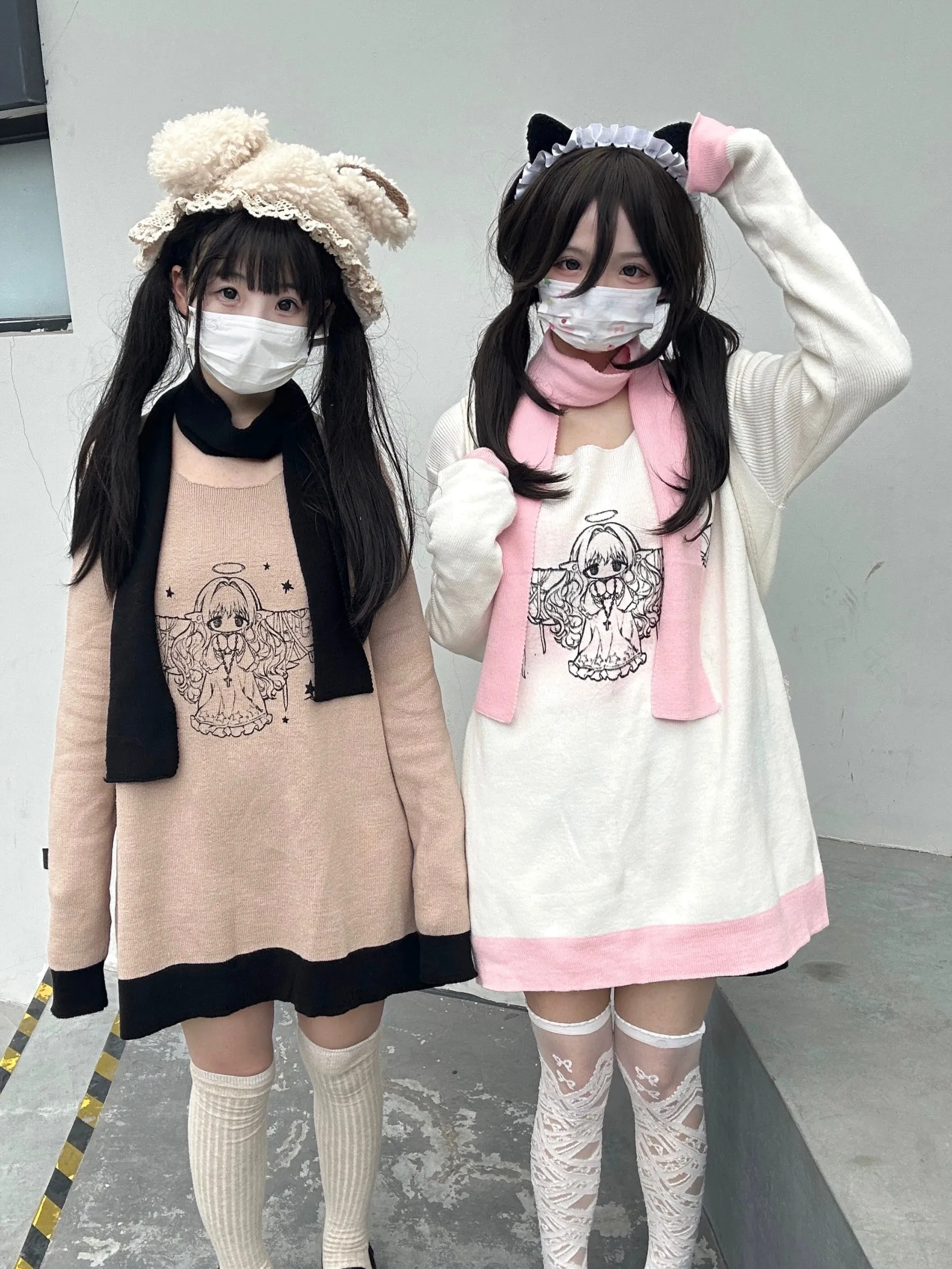 Jirai Kei Bicolor Sweater Angel Printed Sweater Set