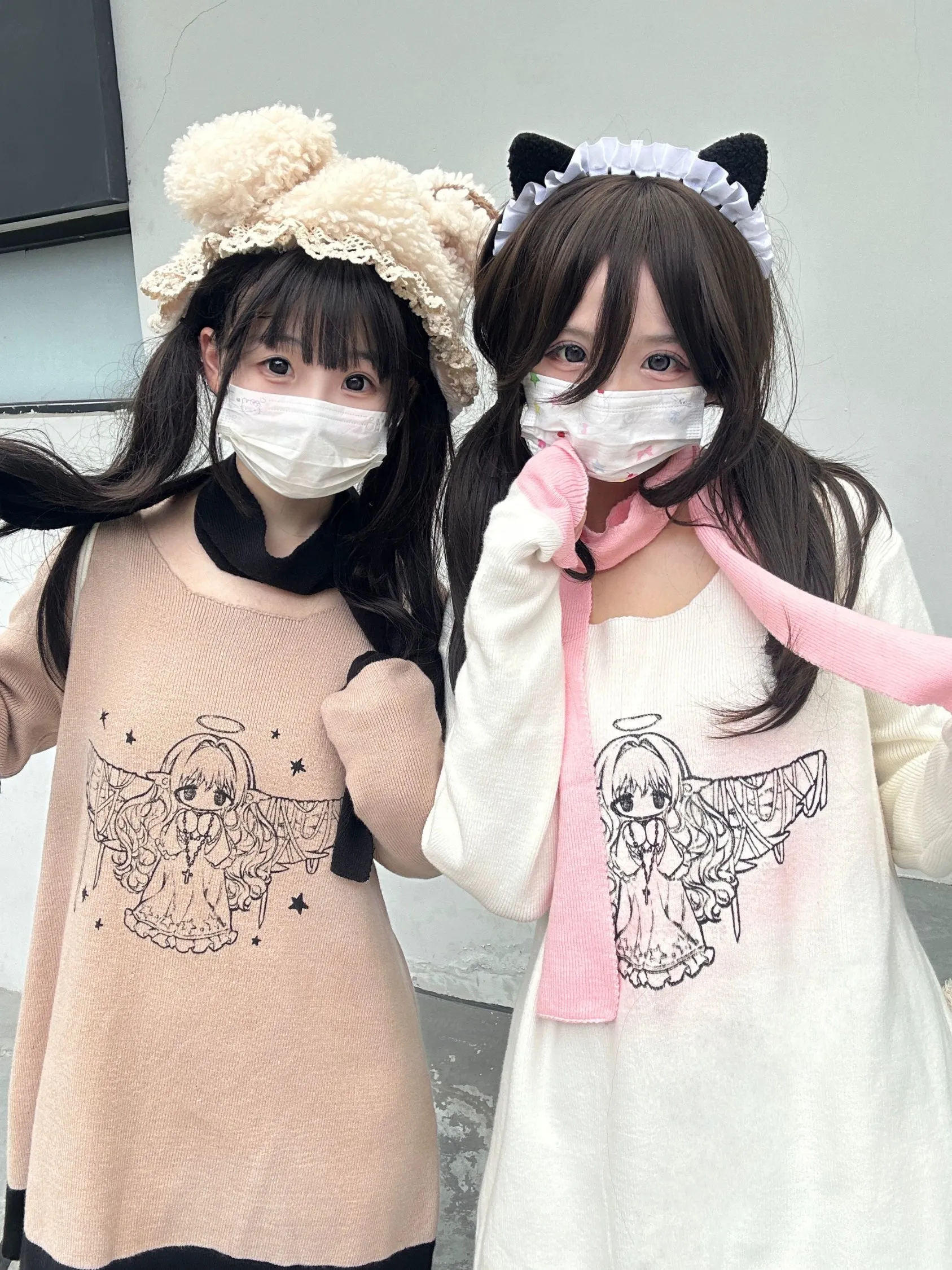 Jirai Kei Bicolor Sweater Angel Printed Sweater Set