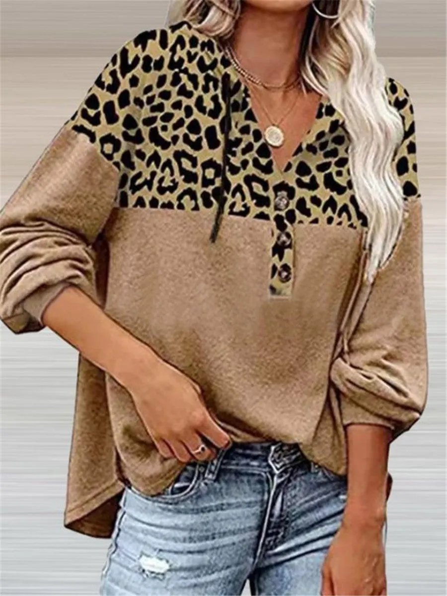 LONGBIDA Elegant V-Neck Pullover Leopard Stitching Blouse Casual Women