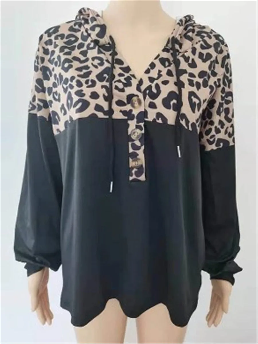 LONGBIDA Elegant V-Neck Pullover Leopard Stitching Blouse Casual Women