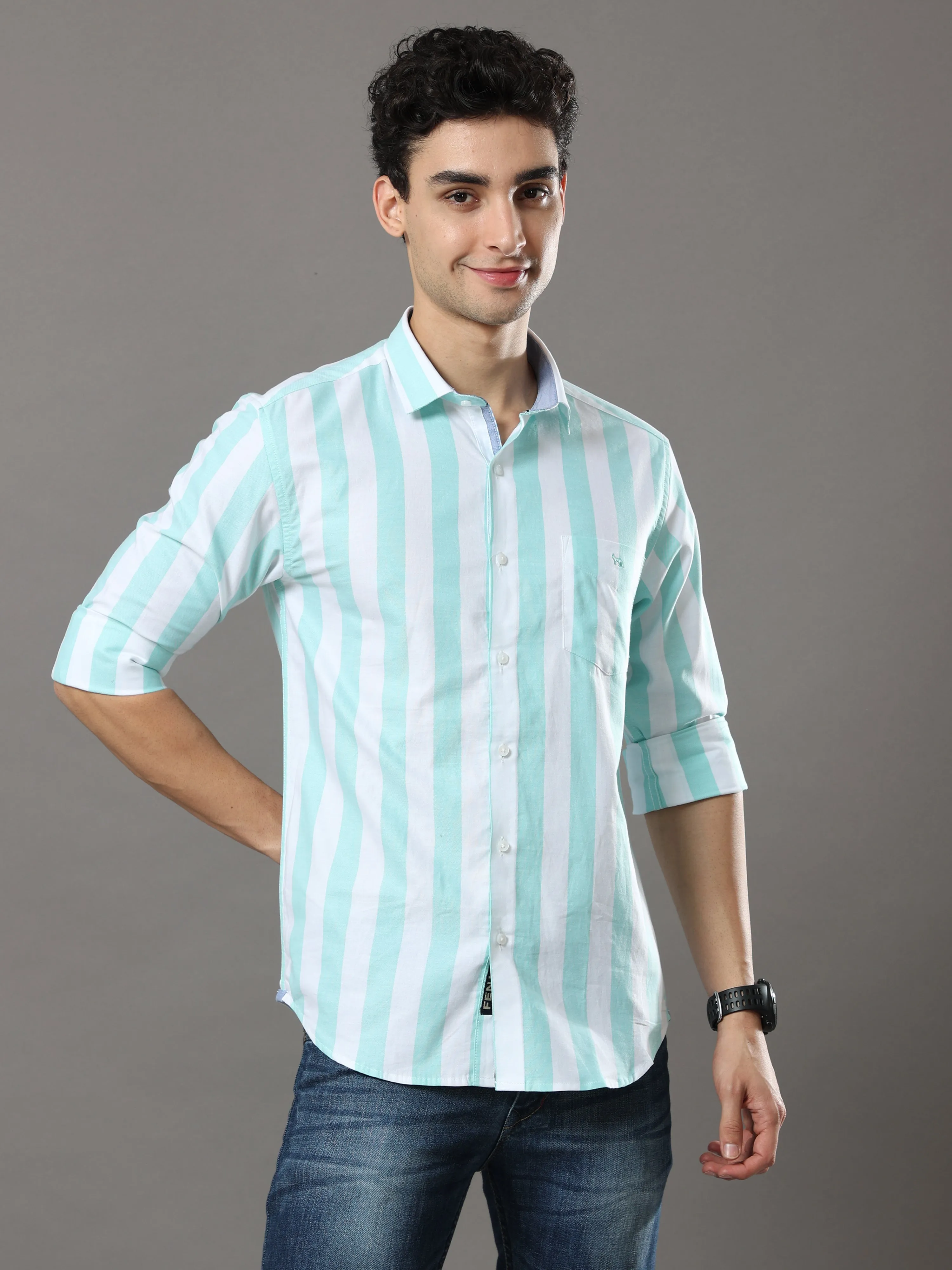 Sea Green And White Stripes Shirt