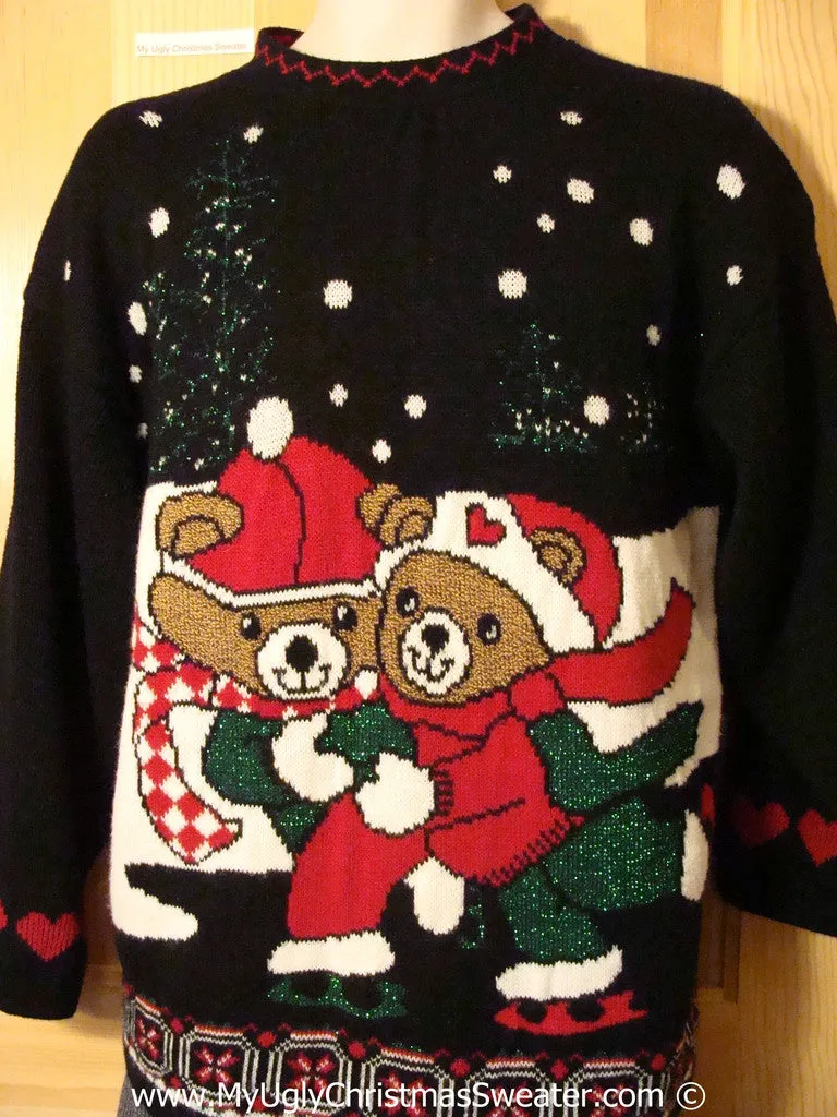 Tacky 80s Christmas Sweater Party Ugly Sweater with Skating Festvie Bears (f806)