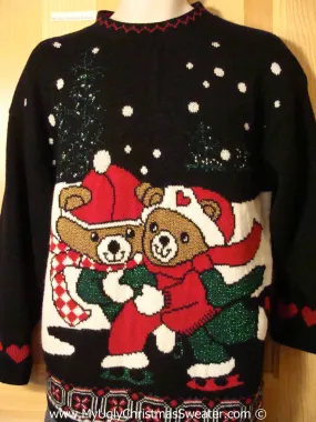Tacky 80s Christmas Sweater Party Ugly Sweater with Skating Festvie Bears (f806)