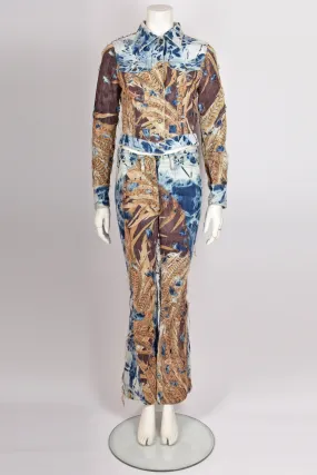 VINTAGE 2000s FEATHER PRINT DENIM TROUSER SUIT XS